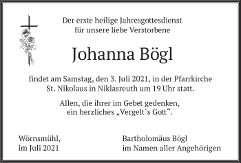 Traueranzeige von Johanna Bögl von merkurtz