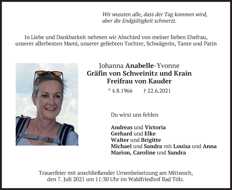 Traueranzeige für Johanna Anabelle-Yvonne Gräfin von Schweinitz und Krain vom 03.07.2021 aus merkurtz