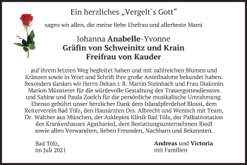 Traueranzeige von Johanna Anabelle-Yvonne Gräfin von Schweinitz und Krain Freifrau von Kauder von merkurtz