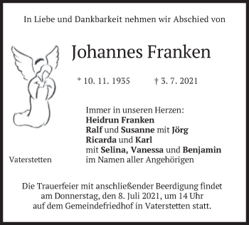 Traueranzeige von Johannes Franken von merkurtz