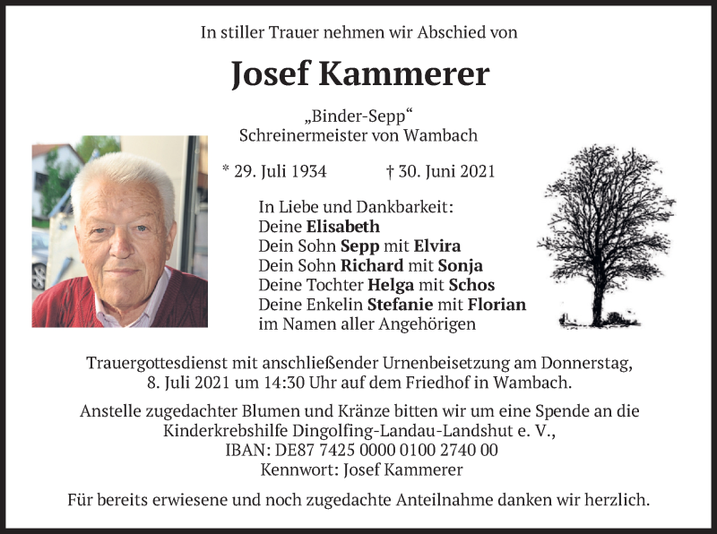  Traueranzeige für Josef Kammerer vom 06.07.2021 aus merkurtz