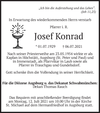 Traueranzeige von Josef Konrad von merkurtz