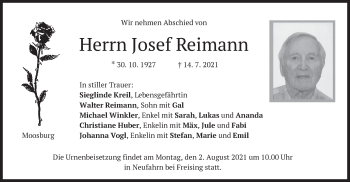 Traueranzeige von Josef Reimann von merkurtz