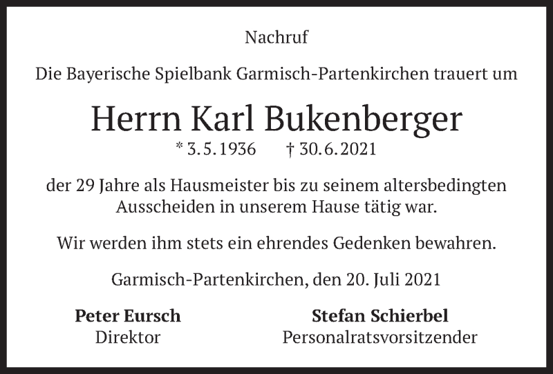  Traueranzeige für Karl Bukenberger vom 21.07.2021 aus merkurtz