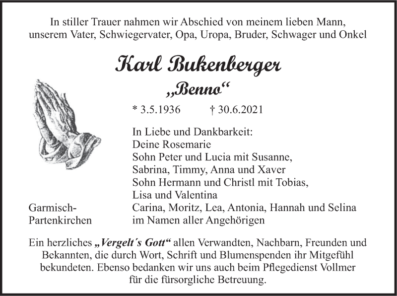  Traueranzeige für Karl Bukenberger vom 17.07.2021 aus merkurtz