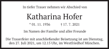 Traueranzeige von Katharina Hofer von merkurtz