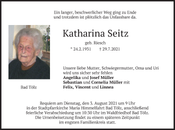 Traueranzeige von Katharina Seitz von merkurtz