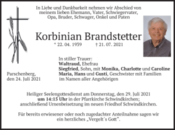 Traueranzeige von Korbinian Brandstetter von merkurtz