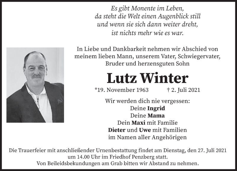  Traueranzeige für Lutz Winter vom 24.07.2021 aus Das Gelbe Blatt Penzberg