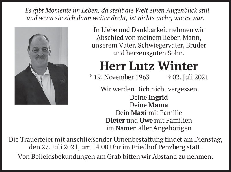  Traueranzeige für Lutz Winter vom 24.07.2021 aus merkurtz