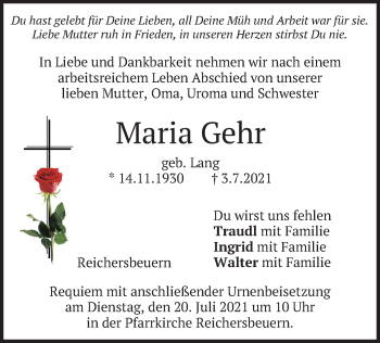 Traueranzeige von Maria Gehr von merkurtz