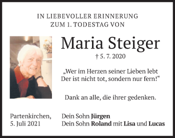 Traueranzeige von Maria Steiger von merkurtz