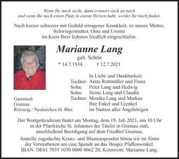 Traueranzeige von Marianne Lang von merkurtz