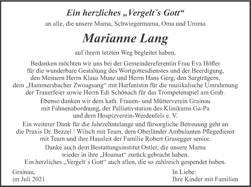  Traueranzeige für Marianne Lang vom 31.07.2021 aus merkurtz