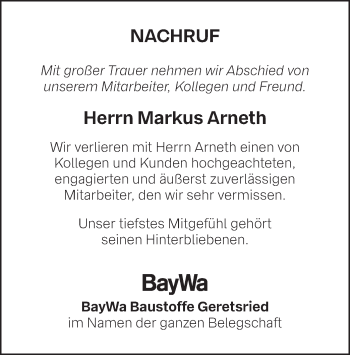 Traueranzeige von Markus Arneth von merkurtz