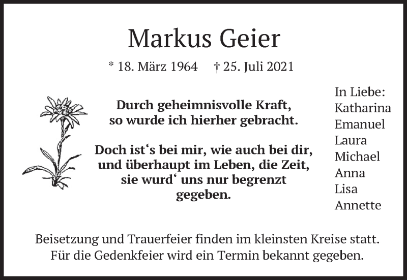  Traueranzeige für Markus Geier vom 29.07.2021 aus merkurtz