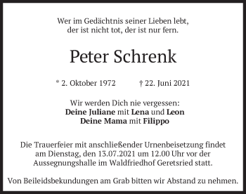 Traueranzeige von Peter Schrenk von merkurtz