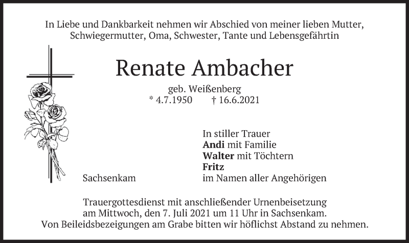  Traueranzeige für Renate Ambacher vom 03.07.2021 aus merkurtz