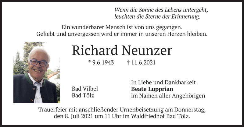  Traueranzeige für Richard Neunzer vom 03.07.2021 aus merkurtz