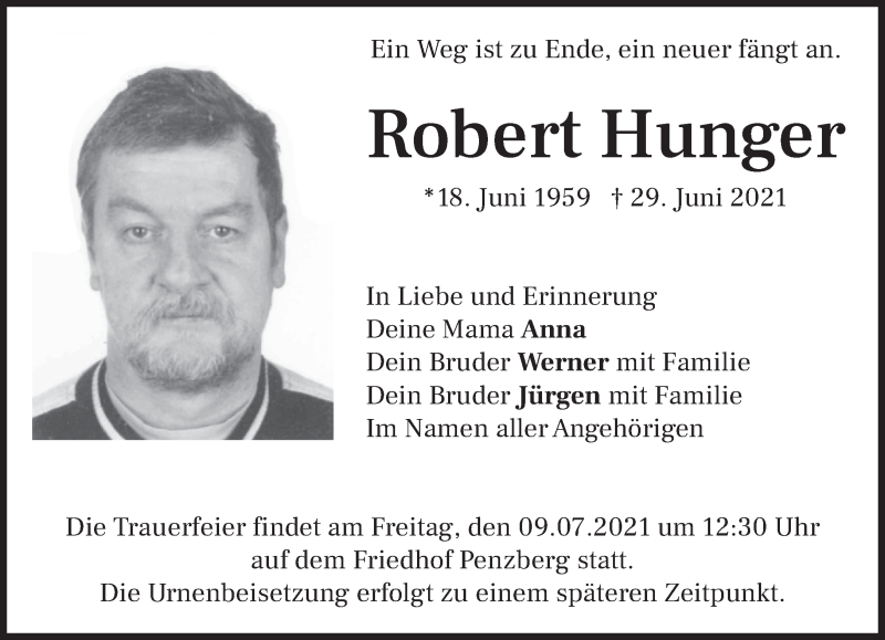  Traueranzeige für Robert Hunger vom 03.07.2021 aus Das Gelbe Blatt Penzberg