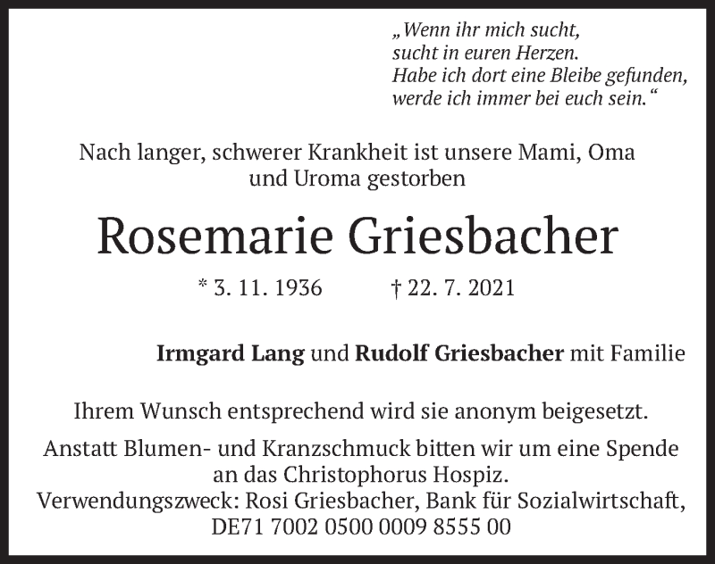  Traueranzeige für Rosemarie Griesbacher vom 31.07.2021 aus merkurtz