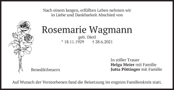Traueranzeige von Rosemarie Wagmann von merkurtz