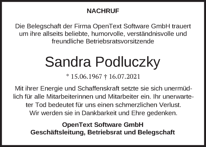  Traueranzeige für Sandra Podluczky vom 24.07.2021 aus merkurtz