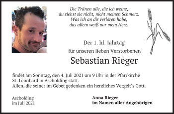 Traueranzeige von Sebastian Rieger von merkurtz