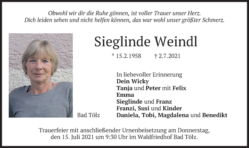  Traueranzeige für Sieglinde Weindl vom 10.07.2021 aus merkurtz