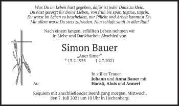 Traueranzeige von Simon Bauer von merkurtz