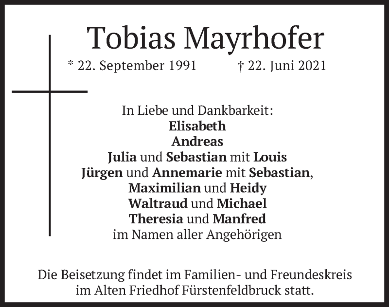  Traueranzeige für Tobias Mayrhofer vom 02.07.2021 aus merkurtz