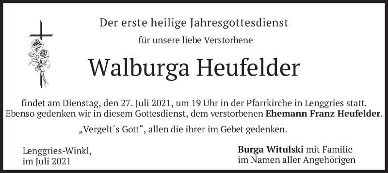  Traueranzeige für Walburga Heufelder vom 24.07.2021 aus merkurtz