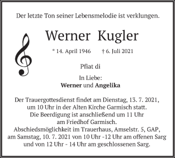 Traueranzeige von Werner Kugler von merkurtz