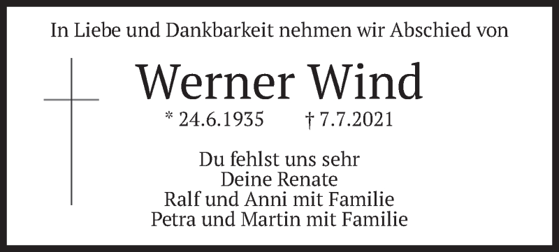  Traueranzeige für Werner Wind vom 17.07.2021 aus merkurtz