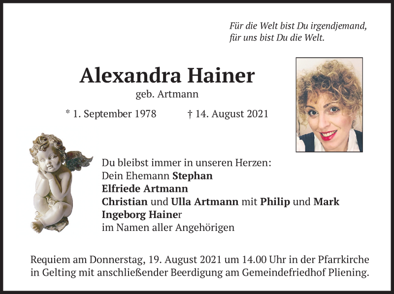  Traueranzeige für Alexandra Hainer vom 17.08.2021 aus merkurtz