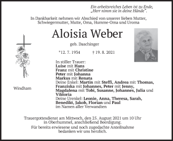Traueranzeige von Aloisia Weber von merkurtz