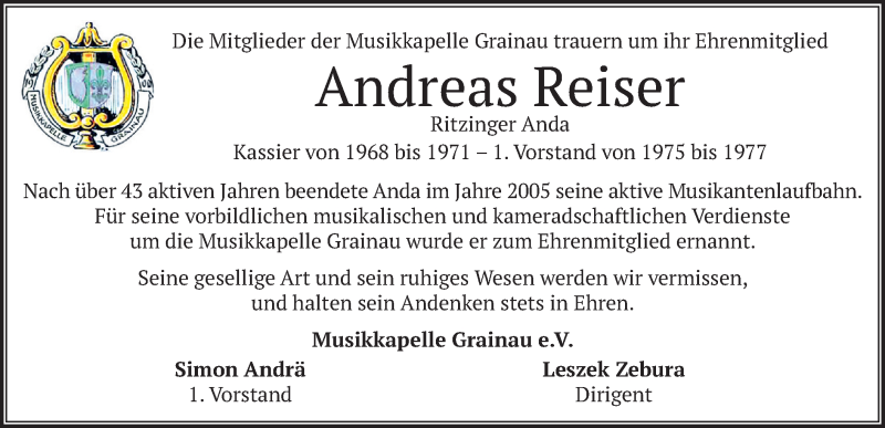  Traueranzeige für Andreas Reiser vom 31.08.2021 aus merkurtz