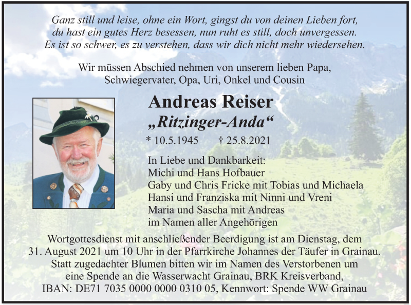  Traueranzeige für Andreas Reiser vom 28.08.2021 aus merkurtz