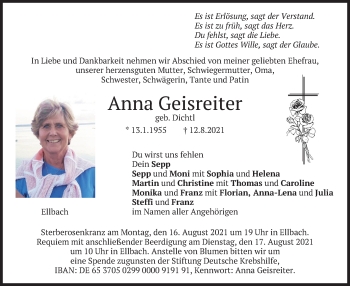 Traueranzeige von Anna Geisreiter von merkurtz