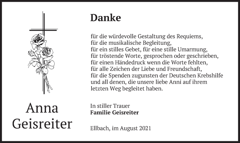  Traueranzeige für Anna Geisreiter vom 25.08.2021 aus merkurtz