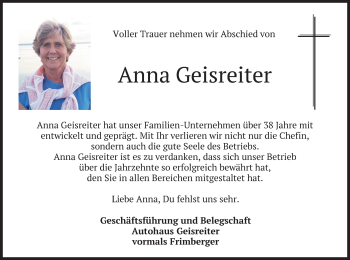 Traueranzeige von Anna Geisreiter von merkurtz