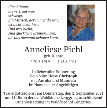 Traueranzeige von Anneliese Pichl von merkurtz