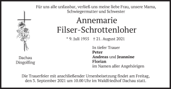 Traueranzeige von Annemarie Filser-Schrottenloher