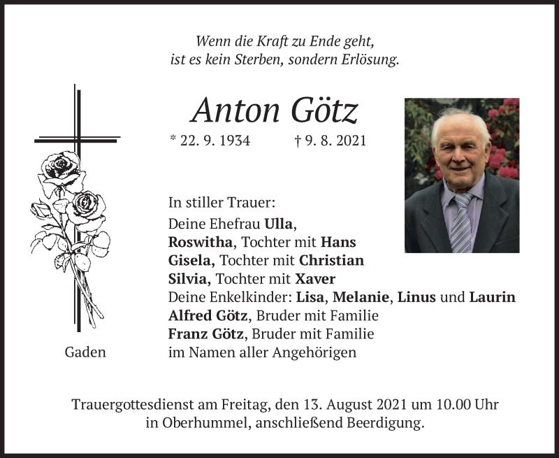  Traueranzeige für Anton Götz vom 11.08.2021 aus merkurtz