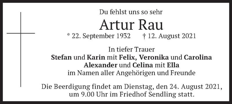  Traueranzeige für Artur Rau vom 21.08.2021 aus merkurtz