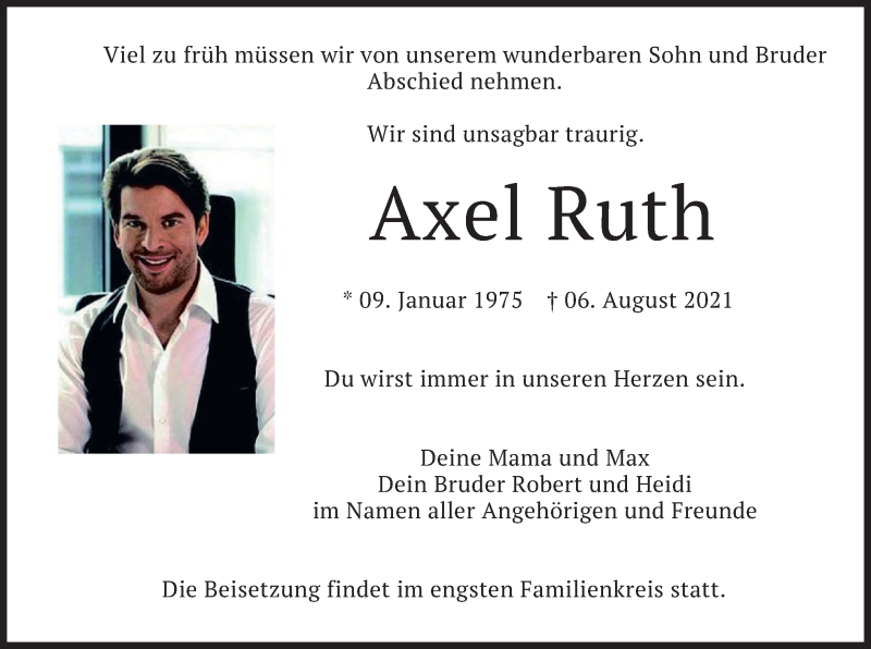  Traueranzeige für Axel Ruth vom 14.08.2021 aus merkurtz
