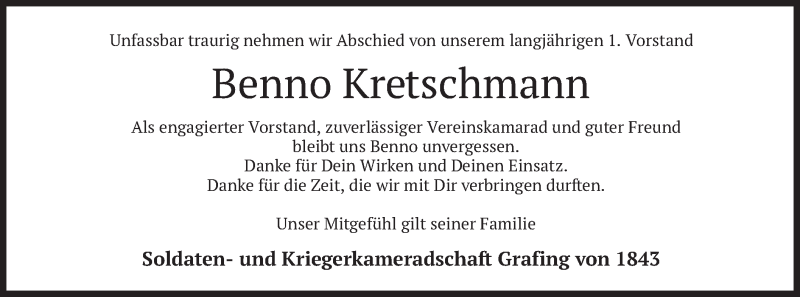  Traueranzeige für Benno Kretschmann vom 07.08.2021 aus merkurtz