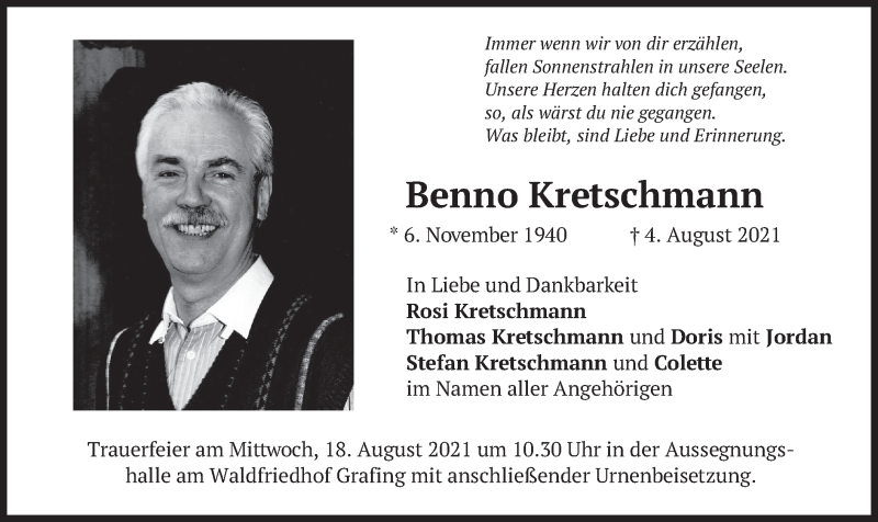  Traueranzeige für Benno Kretschmann vom 07.08.2021 aus merkurtz