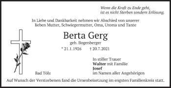 Traueranzeige von Berta Gerg von merkurtz