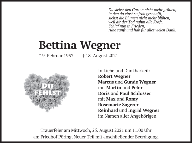  Traueranzeige für Bettina Wegner vom 21.08.2021 aus merkurtz